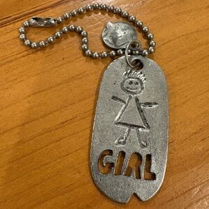 Vintage “GIRL” Metal Charm Necklace / Keychain – Hand-Drawn Figure Design